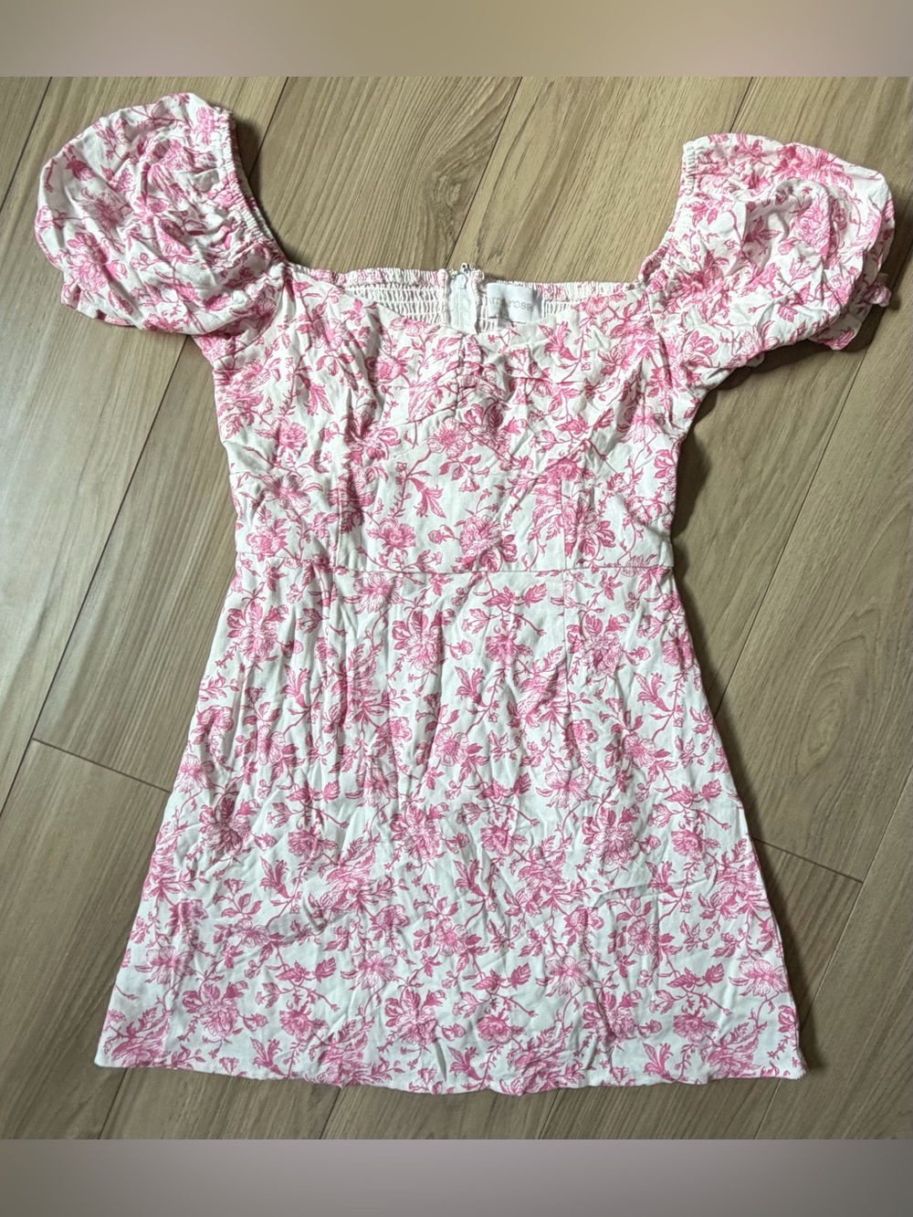 Camarosa Floral Toile Print Dress M Pink White Short Sleeve Lined Linen Blend